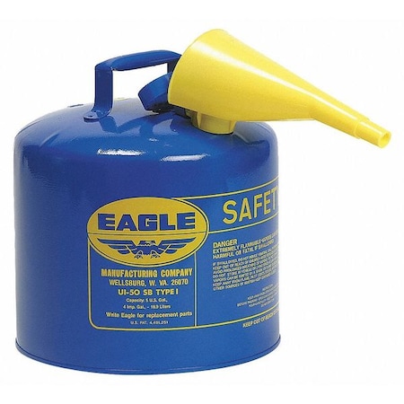 Type I Safety Can, Galvanized Steel, 5 gal, Self-Closing Lid, Includes Funnel, Blue, Kerosene MPN:UI50FSB