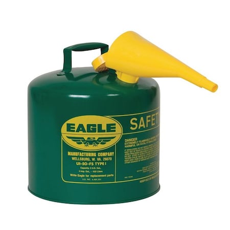 Type I Safety Can, Galvanized Steel, 5 gal, Self-Closing Lid, Includes Funnel, Green, Combustibles MPN:UI50FSG