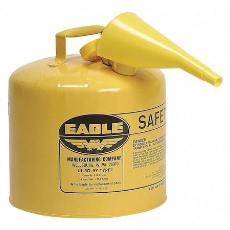 Type I Safety Can, Galvanized Steel, 5 gal, Self-Closing Lid, Includes Funnel, Yellow, Diesel MPN:UI50FSY