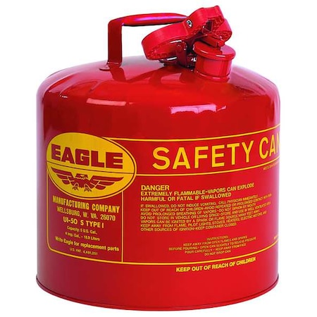 Type I Safety Can, Galvanized Steel, 5 gal, Flame Arrestor, Squeeze Handle, Red, Flammables MPN:UI50S