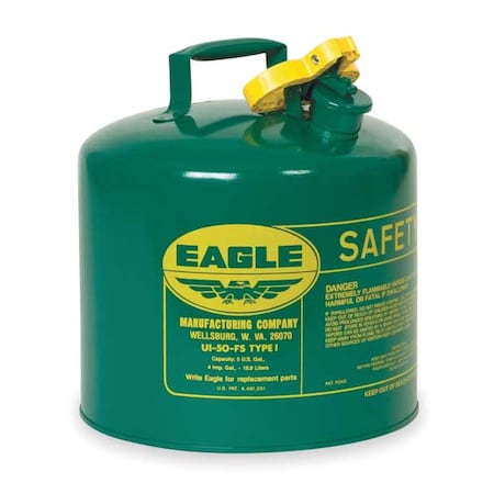 Type I Safety Can, Galvanized Steel, 5 gal, Green, 9 in Dia., Self-Closing Lid, Combustibles MPN:UI50SG