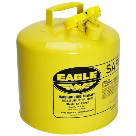 Type I Safety Can, Galvanized Steel, 5 gal, Self-Closing Lid, Yellow, 9 in Dia., Diesel MPN:UI50SY