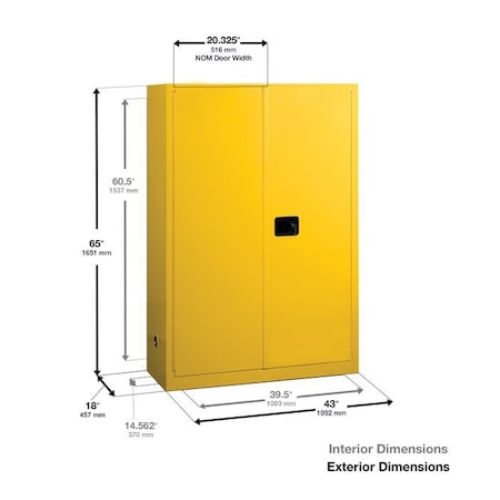 Hazardous Material Storage Cabinet, 60 gal, 5 Shelves, Steel, 43 in W x 65 in H x 18 in D, Yellow MPN:YPI4510X