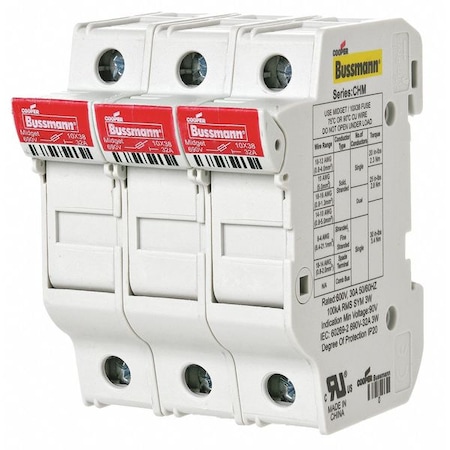 Finger Safe Fuse Block, 0 to 30A Amp Range, 600V AC/DC Volt Rating, 3 Poles, Box Lug; Clamp MPN:CHM3DU