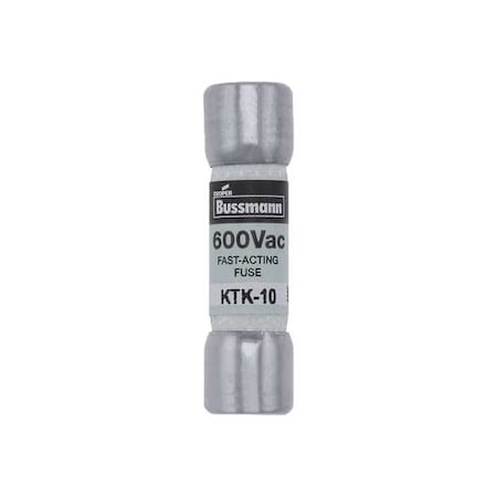 Fuse, Fast Acting, 10A, KTK Series, 600V AC, Not Rated, 1 1/2 in L x 13/32 in dia MPN:KTK-10