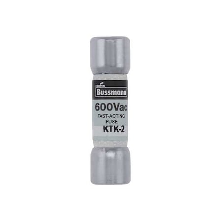 Midget Fuse, Fast-Acting, 2A, 600V AC, Non-Indicating, 100kA at 600V AC MPN:KTK-2