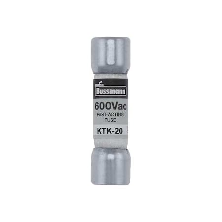 Midget Fuse, Fast-Acting, 20A, 600V AC, Non-Indicating, 100kA at 600V AC MPN:KTK-20