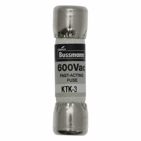 Midget Fuse, Fast-Acting, 3A, 600V AC, Non-Indicating, 100kA at 600V AC MPN:KTK-3