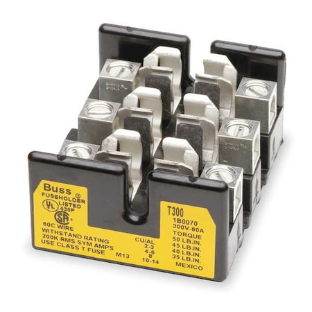 Open Fuse Block, T UL Class, 300V AC/DC Volt Rating, 3 Poles, Box Lug MPN:T30030-3CR