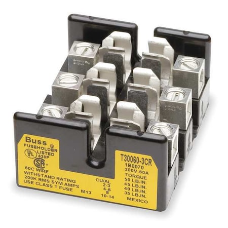 Open Fuse Block, 31 to 60A Amp Range, 300V AC/DC Volt Rating, 3 Poles, Box Lug MPN:T30060-3CR