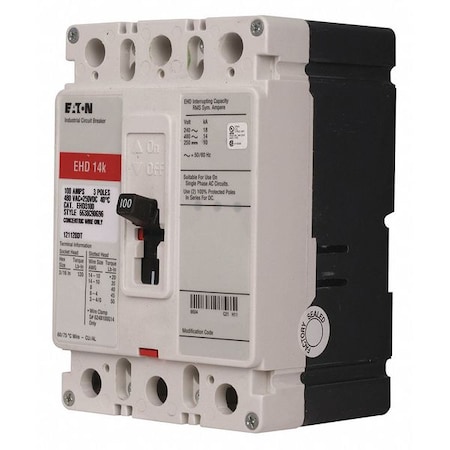 Molded Case Circuit Breaker, EHD Series, 90A, 3 Pole, 480V AC, 18kA at 240V AC MPN:EHD3090