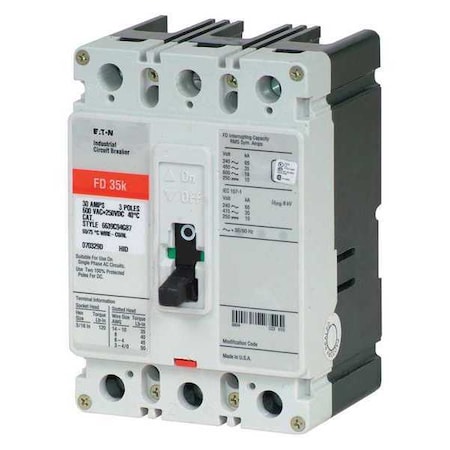 Molded Case Circuit Breaker, FD Series, 25A, 3 Pole, 600V AC, 65kA at 240/277V AC MPN:FD3025