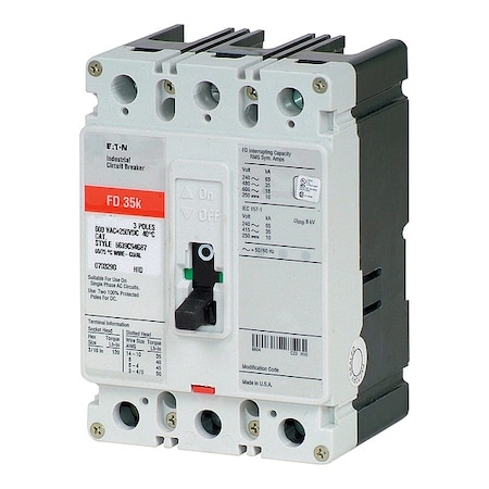 Molded Case Circuit Breaker, FD Series, 125A, 3 Pole, 600V AC, 65kA at 240/277V AC MPN:FD3125