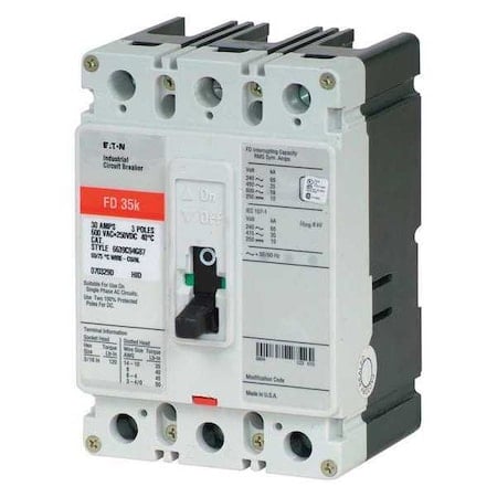 Molded Case Circuit Breaker, FD Series, 225A, 3 Pole, 600V AC, 65kA at 240/277V AC MPN:FD3225