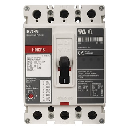 Molded Case Circuit Breaker, HMCP Series, 15A, 3 Pole, 600V AC, 65kA at 600V AC MPN:HMCPS015E0C