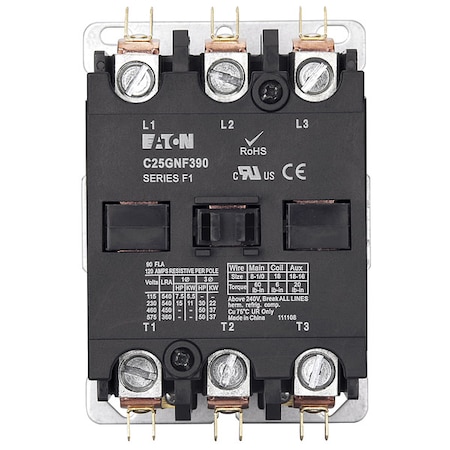 Definite Purpose Magnetic Contactor, 24V AC, 3 P, Non-Reversing, 3 Phase, Quick Connect MPN:C25GNF390T