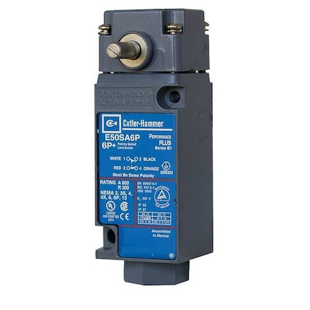 Heavy Duty Limit Switch, No Lever, Rotary, 1NC/1NO, 10A at 600V AC, Actuator Location: Side MPN:E50AR16P