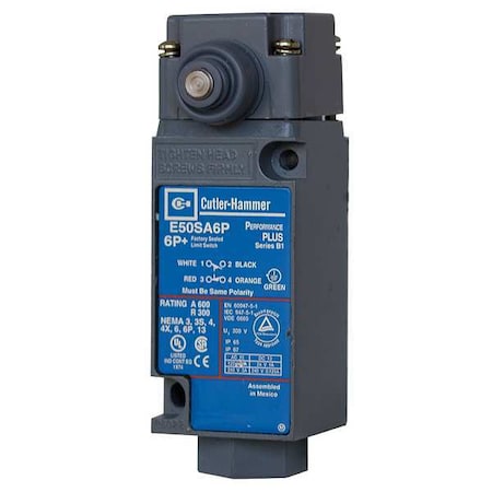 Heavy Duty Limit Switch, Plunger, 1NC/1NO, 10A at 600V AC, Actuator Location: Side MPN:E50AS16P