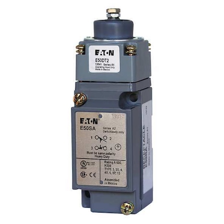 Heavy Duty Limit Switch, Plunger, 1NC/1NO, 10A at 600V AC, Actuator Location: Top MPN:E50AT2
