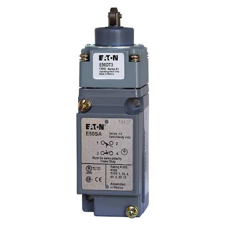 Heavy Duty Limit Switch, Plunger, Roller, 1NC/1NO, 10A at 600V AC, Actuator Location: Top MPN:E50AT3