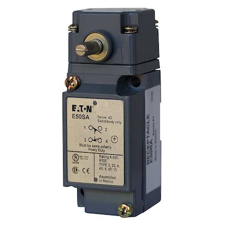 Heavy Duty Limit Switch, No Lever, Rotary, 2NC/2NO, 10A at 600V AC, Actuator Location: Side MPN:E50BR1