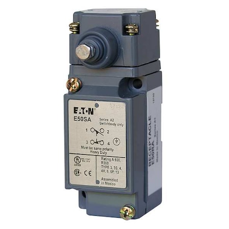 Heavy Duty Limit Switch, Plunger, 2NC/2NO, 10A at 600V AC, Actuator Location: Side MPN:E50BS2
