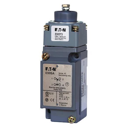 Heavy Duty Limit Switch, Plunger, 2NC/2NO, 10A at 600V AC, Actuator Location: Side MPN:E50BS26P