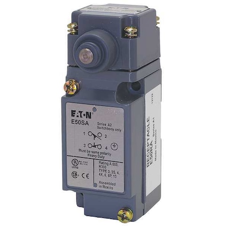 Heavy Duty Limit Switch, Plunger, 2NC/2NO, 10A at 600V AC, Actuator Location: Top MPN:E50BT16P
