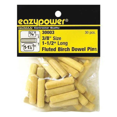 Dowel Pin, 3/8 in Nominal Dia, 1-1/2 in L, Wood, 30 PK MPN:30003