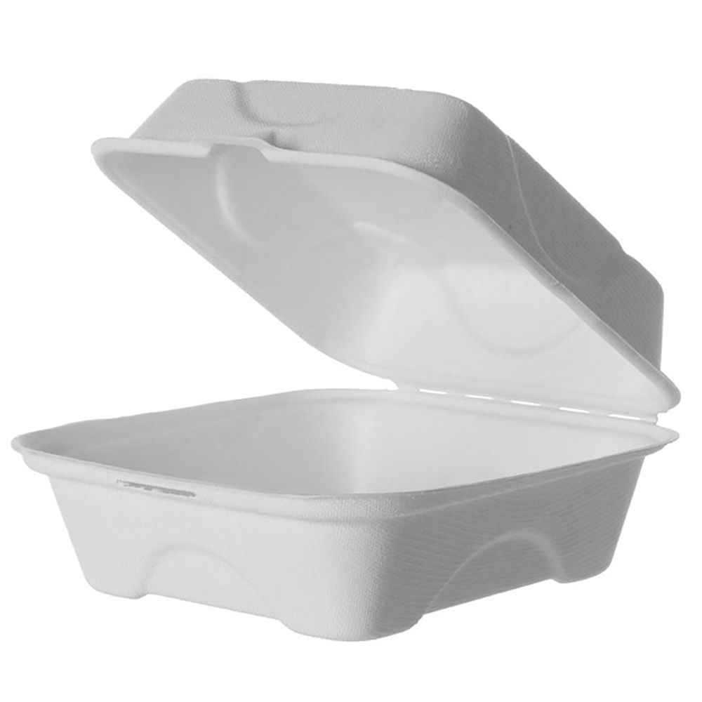 Eco-Products Vanguard Renewable & Compostable Sugarcane Clamshells, 3-Compartment, 8in x 8in x 3in, White, Case Of 200 Clamshells MPN:EP-HC83NFA