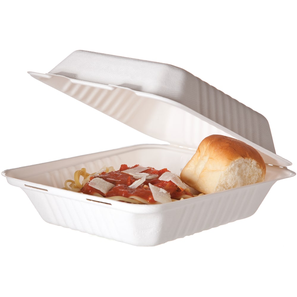 Eco-Products Sugarcane Clamshell Containers, Soak-Proof/Hinged, 3inH x 8inW x 8inD, Pack Of 200 Containers MPN:EP-HCL81