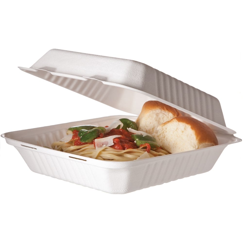Eco-Products Sugarcane Clamshell Containers, Soak-Proof/Hinged, 3inH x 9inW x 9inD, Pack Of 200 Containers MPN:EP-HCL91