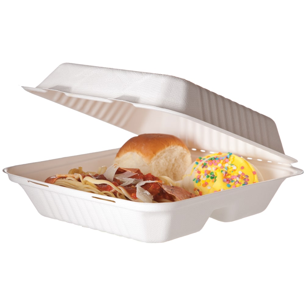 Eco-Products Sugarcane Clamshell Containers, Soak-Proof/3-Compartment, 3inH x 9inW x 9inD, Pack Of 200 Containers MPN:EP-HCL93
