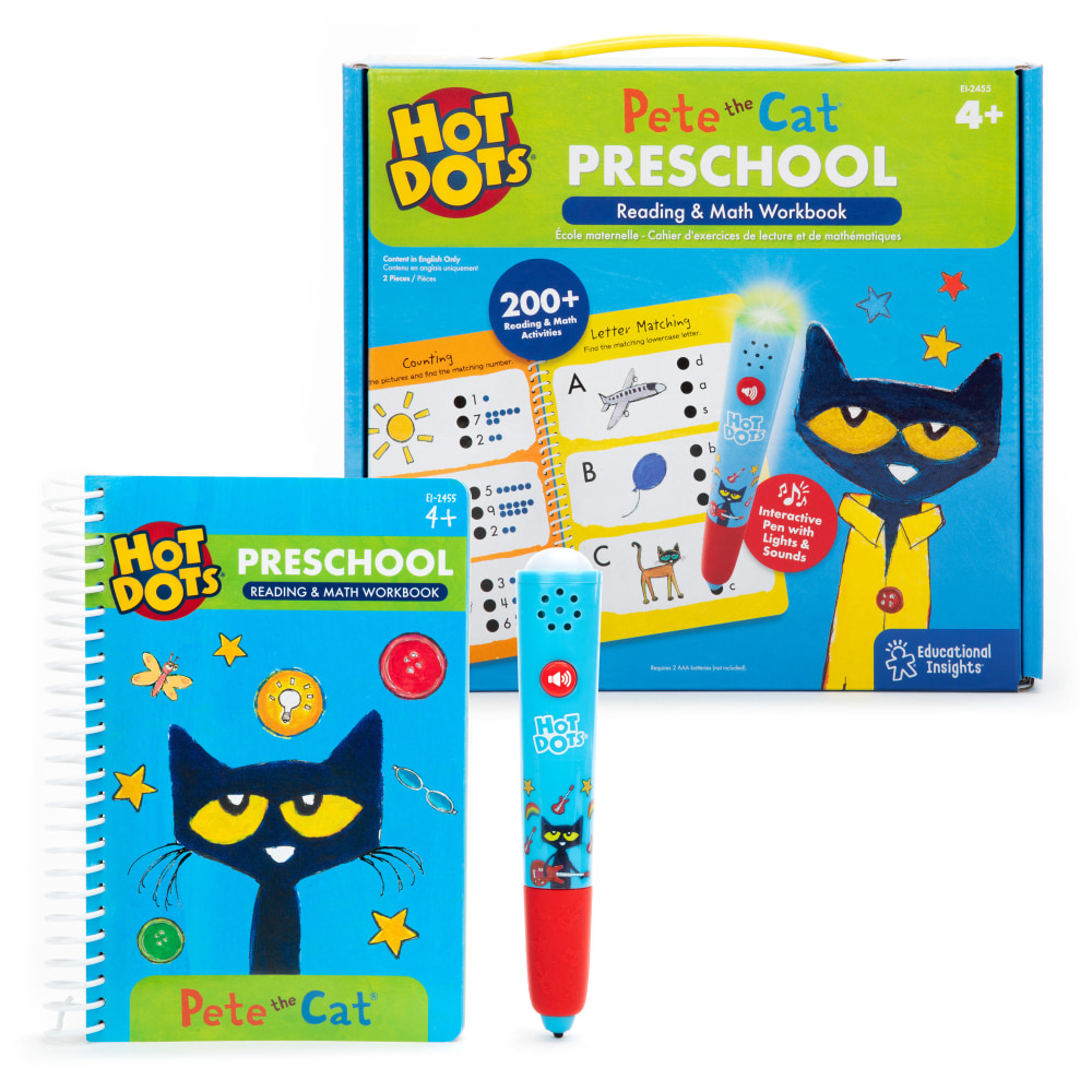 Educational Insights Hot Dots Pete the Cat Preschool Reading & Math Activity Book & Hot Dots Pen MPN:EI-2455