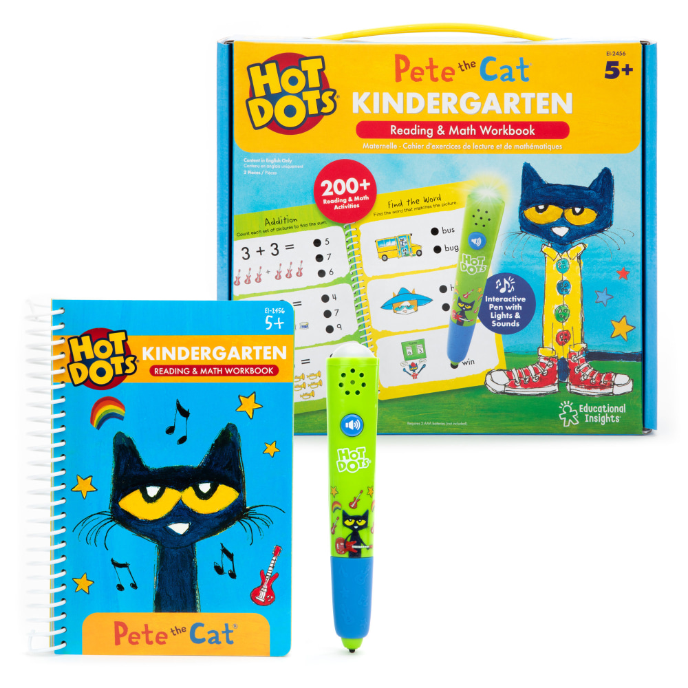 Educational Insights Hot Dots Pete the Cat Kindergarten Reading & Math Activity Book & Hot Dots Pen MPN:EI-2456