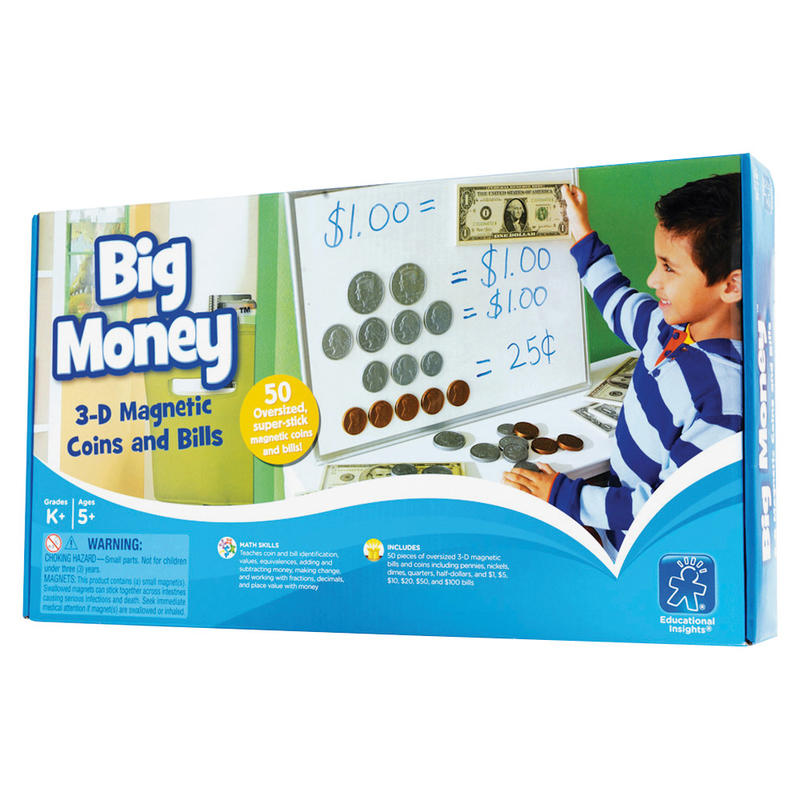 Educational Insights Big Money Magnetic Coins And Bills, 16inH x 9inW x 2 1/2inD, Kindergarten - Grade 5, Pack Of 50 MPN:EI-3063