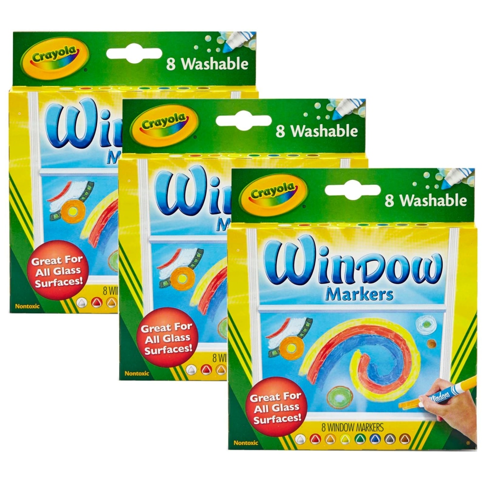 Crayola Washable Window Markers, Set Of 3 Boxes, Broad Point, Assorted Colors, 8 Markers Per Box MPN:BIN588165-3