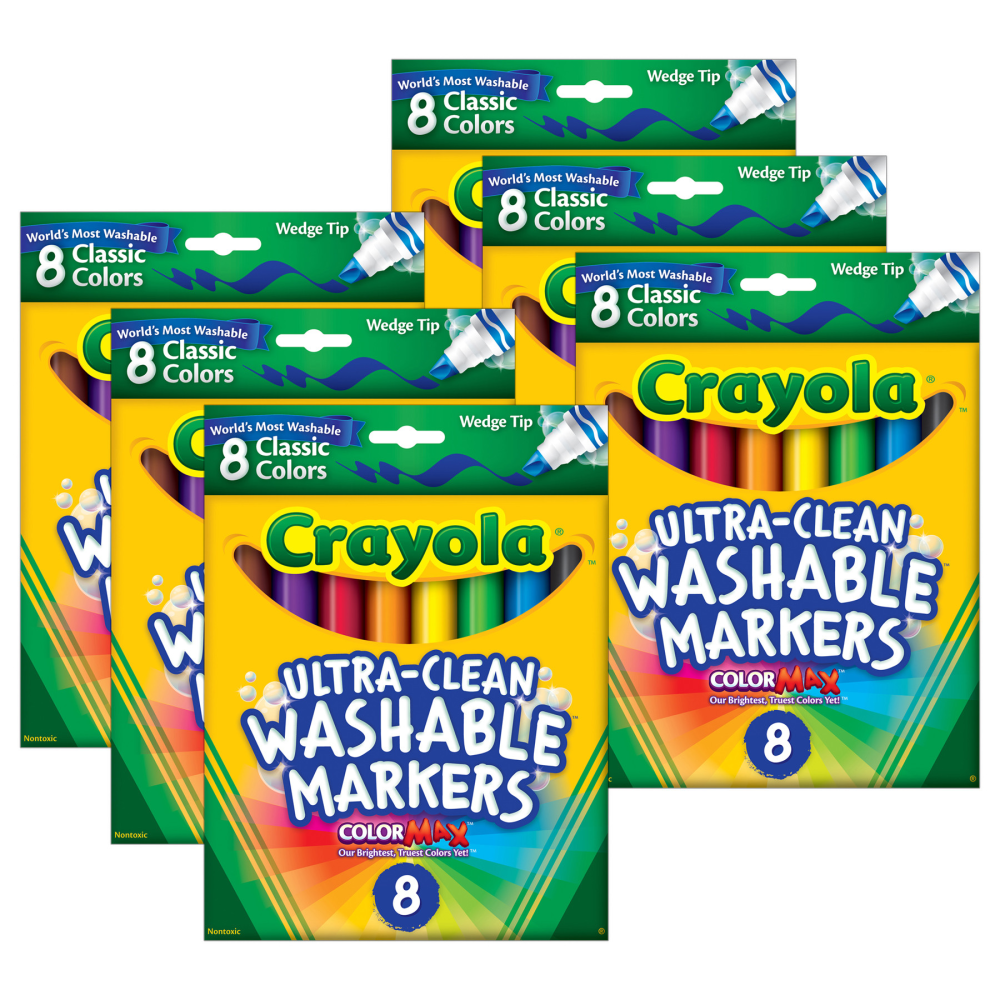 Crayola Ultra-Clean Washable Markers, Wedge Tip, Assorted Colors, 8 Per Box, Set Of 6 Boxes MPN:BIN7208-6