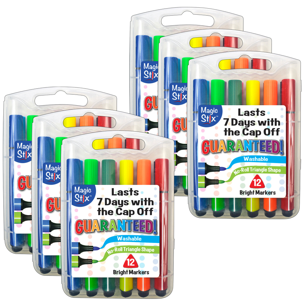 The Pencil Grip Magic Stix Triangular Markers, Bullet Point, Assorted Colors, 12 Markers Per Pack, Set Of 6 Packs MPN:TPG395-6