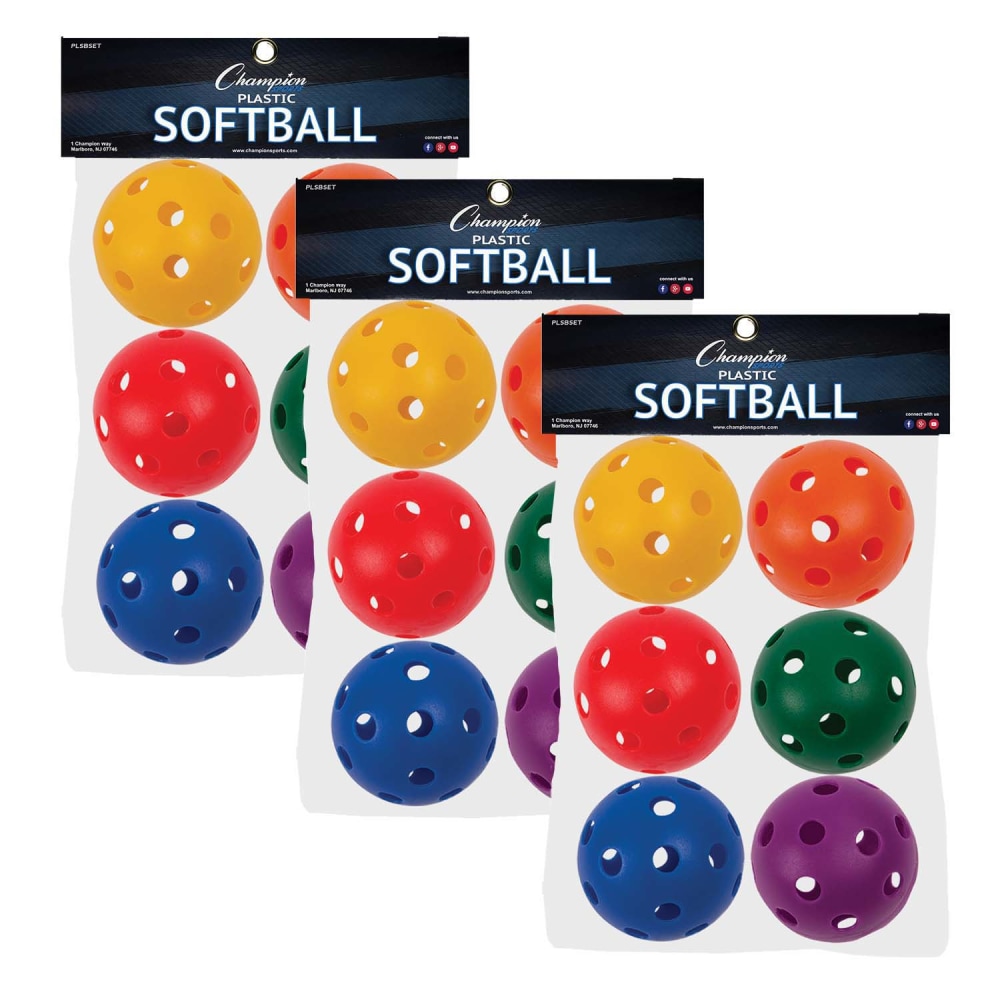 Champion Sports Plastic Softballs, Assorted Colors, 6 Balls Per Set, Pack Of 3 Sets MPN:CHSPLSBSET-3