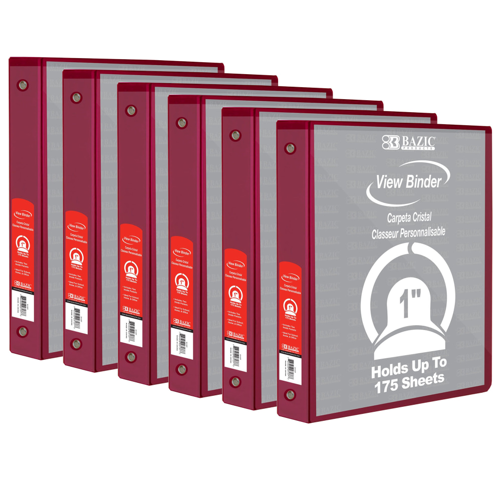 BAZIC Products 3-Ring View Binder With 2 Pockets, 1in Round, Burgundy, Pack Of 6 MPN:BAZ4120-6