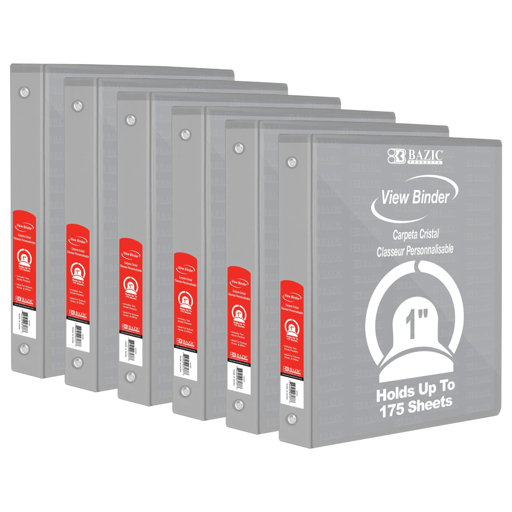 BAZIC Products 3-Ring View Binder With 2 Pockets, 1in Round, Gray, Pack Of 6 MPN:BAZ4121-6