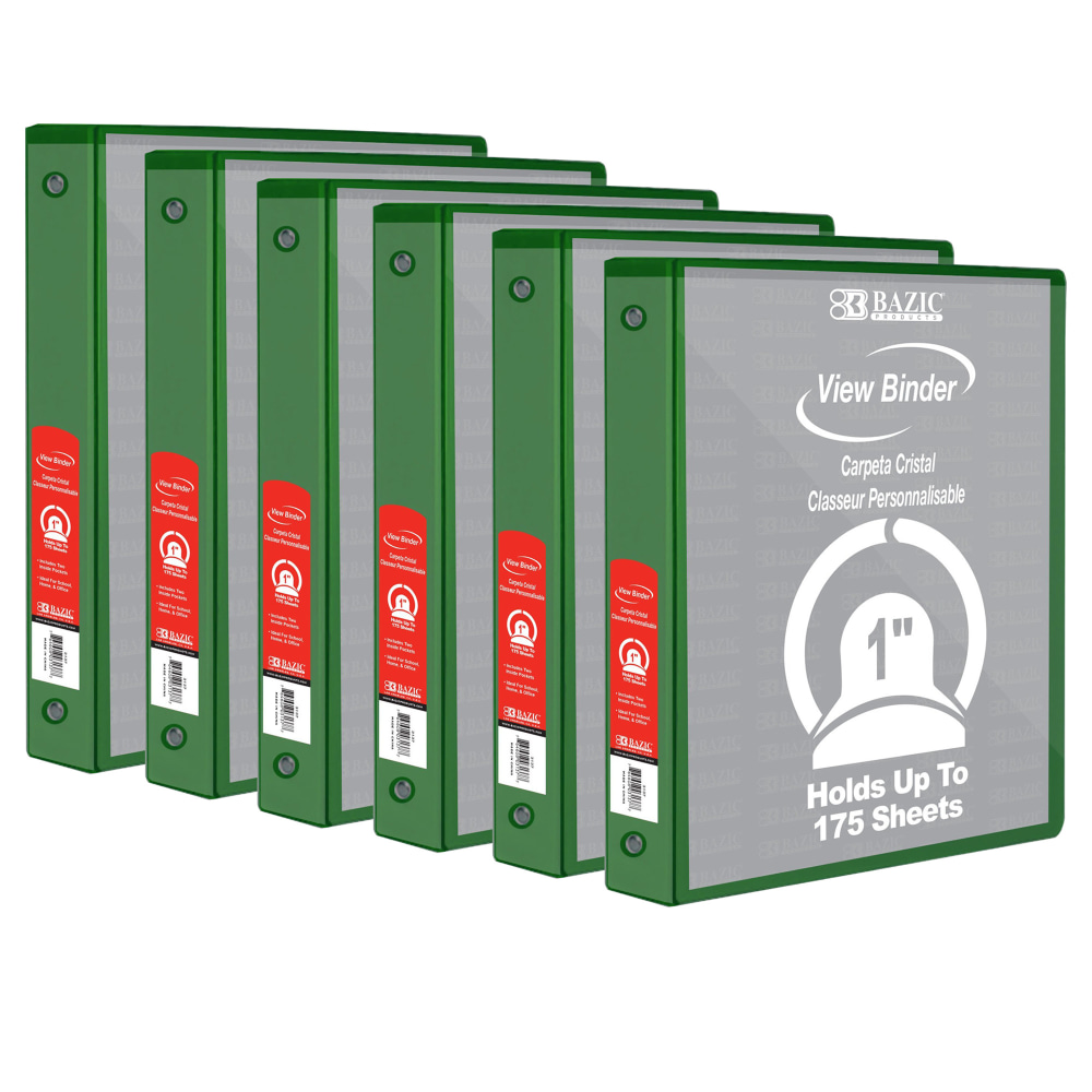 BAZIC Products 3-Ring View Binder With 2 Pockets, 1in Round, Green, Pack Of 6 MPN:BAZ4122-6