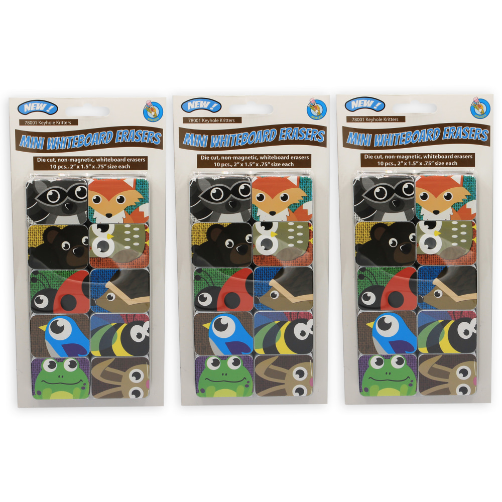 Ashley Productions Non-Magnetic Mini Whiteboard Erasers, Keyhole Kritters, 10 Per Pack, Set Of 3 Packs MPN:ASH78001-3