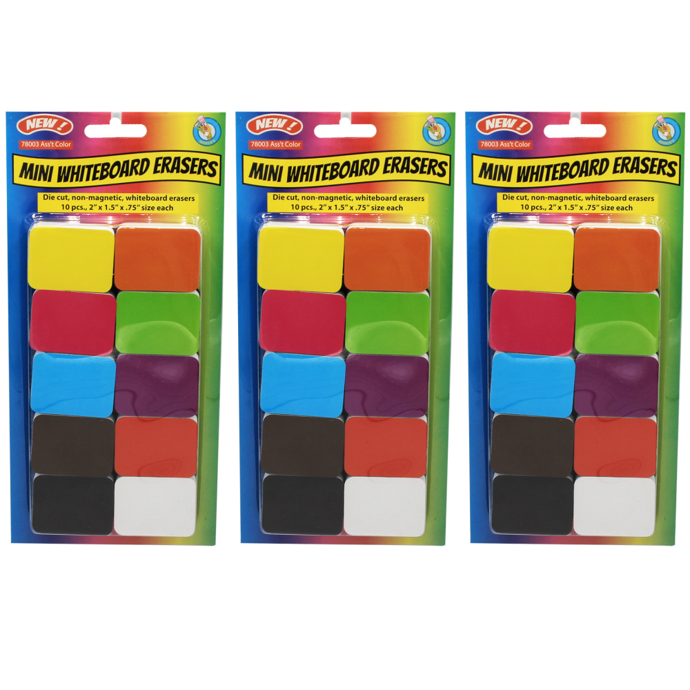 Ashley Productions Mini Whiteboard Erasers, 1-1/2in x 2in, Assorted Colors, 10 Per Pack, Set Of 3 Packs MPN:ASH78003-3
