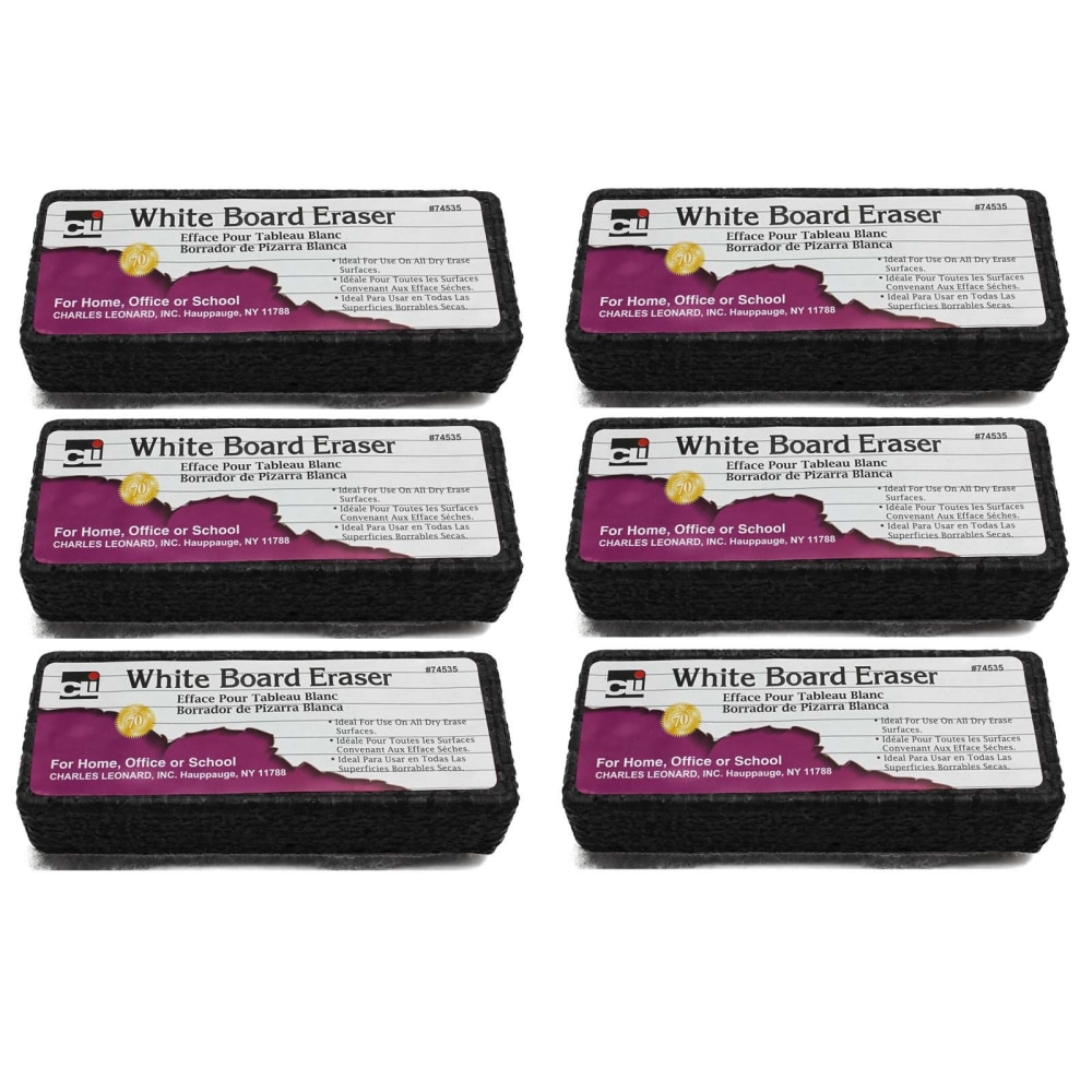 Charles Leonard Whiteboard Erasers, 5in x 2in, Gray/Black, Pack Of 6 Erasers MPN:CHL74535-6