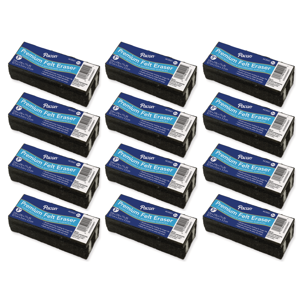 Pacon Premium Chalk & Whiteboard Erasers, 5in, Black, Pack Of 12 Erasers MPN:CK-2021-12