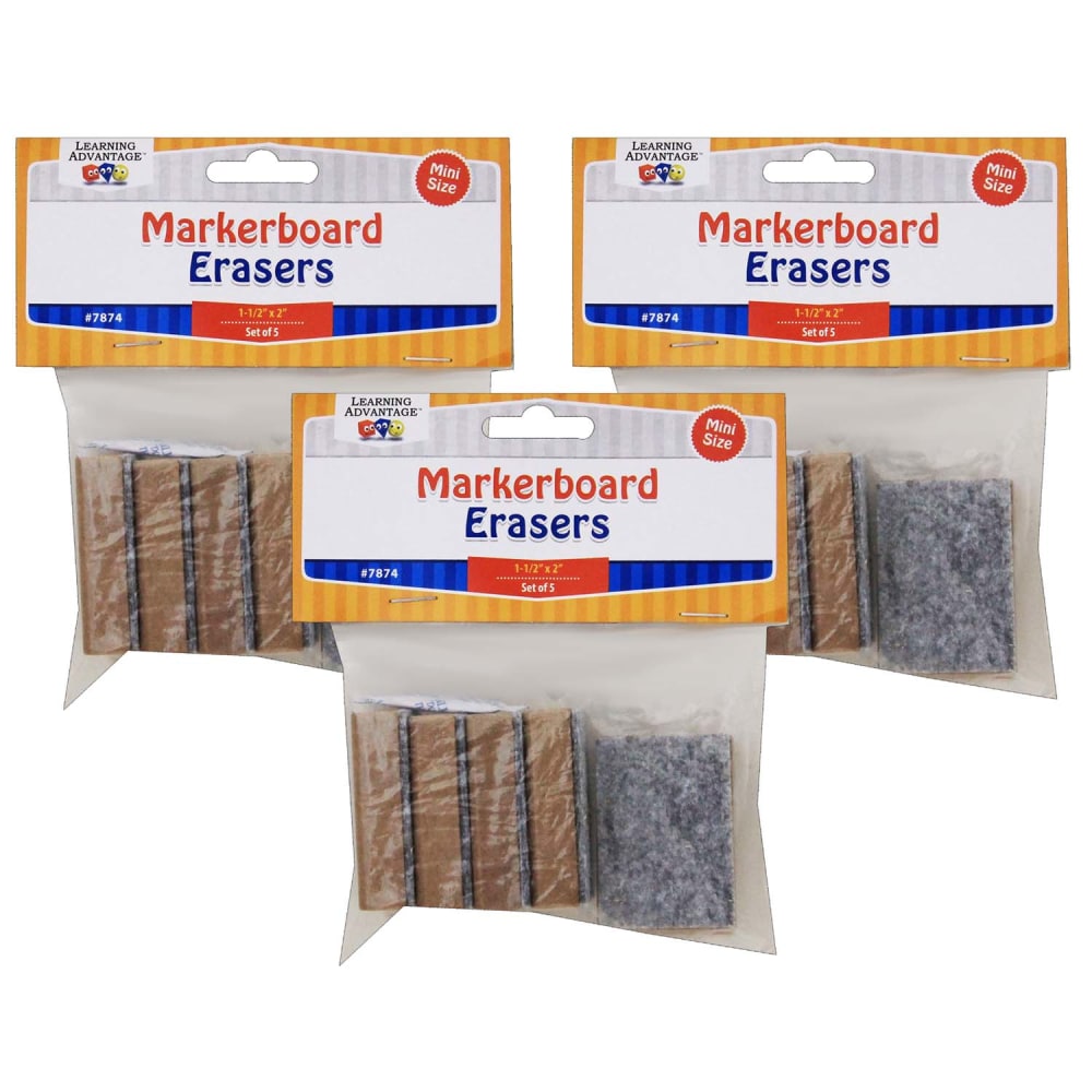 Learning Advantage Mini Markerboard Erasers, Brown/Gray, 2in x 1-1/2in, 5 Erasers Per Pack, Set Of 3 Packs MPN:CTU7874-3