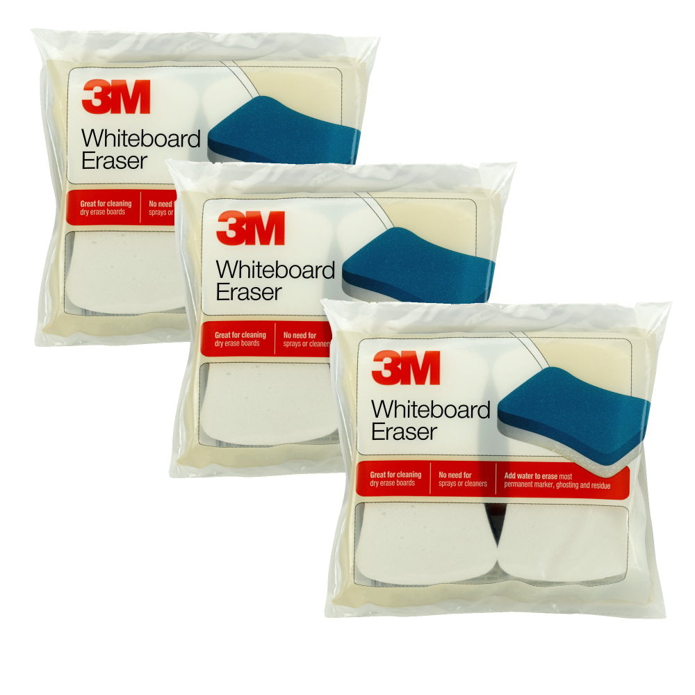 3M Whiteboard Eraser Pads, 4-5/16in x 7-1/2in, White/Blue, Pack Of 2 Pads, Set Of 3 Packs MPN:MMM581WBE-3