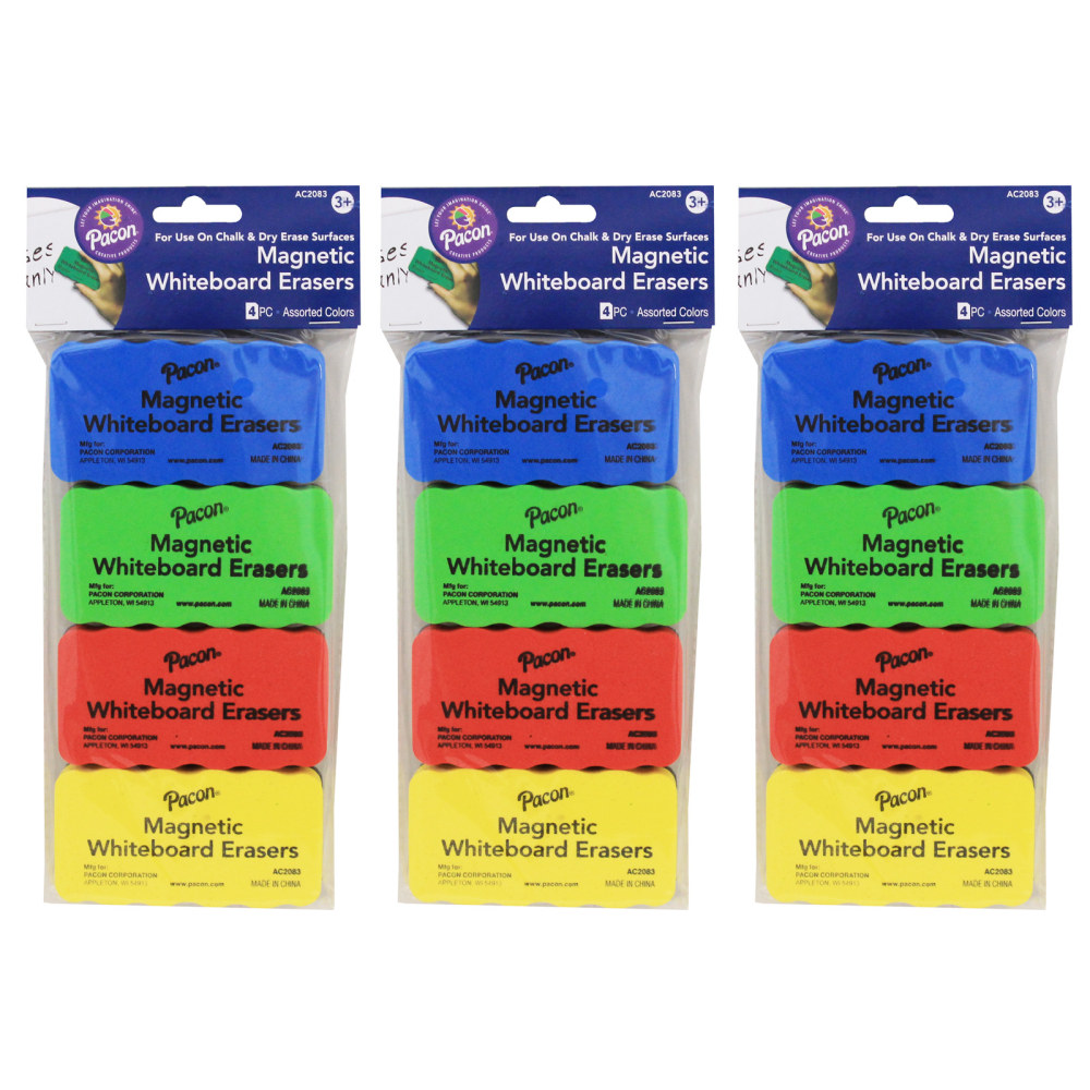 Pacon Magnetic Chalk & Whiteboard Erasers, 2-1/4in x 4-1/4in, Assorted Colors, 4 Erasers Per Pack, Set Of 3 Packs MPN:PACAC2083-3